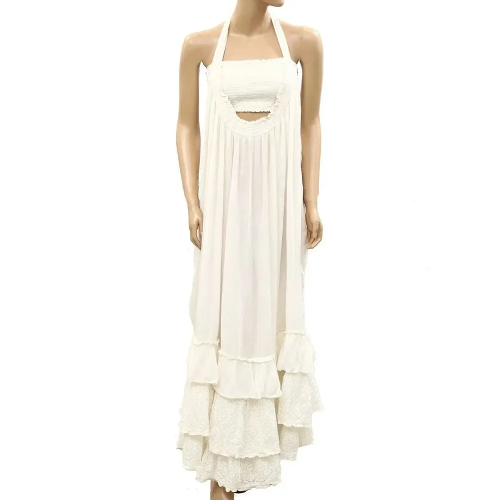 Free People Free-Est Kauri Maxi Dress Gauzey Smocked Halter Tiered Lace M 288428